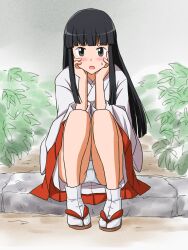 Rule 34 | 1girl, black eyes, black hair, brown footwear, commentary request, commission, crotch seam, frown, hakama, hakama skirt, hands on own head, highres, hime cut, japanese clothes, kimono, lielos, long hair, long sleeves, looking at viewer, open mouth, original, panties, pantyshot, partial commentary, pixiv commission, pleated skirt, red skirt, sakamoto miko, sandals, sitting, skirt, socks, solo, straight hair, sweatdrop, tabi, underwear, white kimono, white panties, white socks