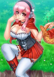 Rule 34 | 1girl, basket, boots, breasts, cleavage, cosplay, hand on own face, headphones, highres, large breasts, little red riding hood, little red riding hood (grimm), little red riding hood (grimm) (cosplay), long hair, looking at viewer, nitroplus, open mouth, pink hair, racoon-kun, red eyes, ribbon, smile, solo, super sonico, thighhighs, zettai ryouiki