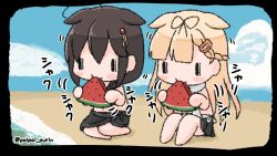 Rule 34 | 2girls, ahoge, artist name, beach, black hair, blonde hair, blue sky, braid, chibi, commentary request, day, eating, food, fruit, hair flaps, hair ornament, hair ribbon, holding, holding food, holding fruit, kantai collection, long hair, multiple girls, outdoors, poipoi purin, ribbon, sand, shigure (kancolle), sidelocks, single braid, sitting, sky, swimsuit, tagme, translation request, water, watermelon, yuudachi (kancolle), | |