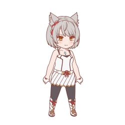 Rule 34 | 1girl, animal ear fluff, animal ears, black pantyhose, blush, boots, braid, brown eyes, camisole, cat ears, chibi, closed mouth, commentary request, fingerless gloves, full body, gloves, grey hair, half gloves, mio (xenoblade), pantyhose, pleated skirt, simple background, skirt, smile, solo, standing, v-shaped eyebrows, white background, white camisole, white footwear, white gloves, white skirt, xenoblade chronicles (series), xenoblade chronicles 3, yoruusagi