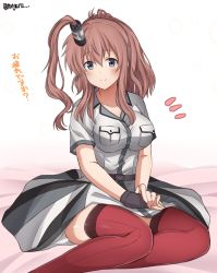 Rule 34 | 1girl, absurdres, black gloves, blue eyes, breast pocket, breasts, brown hair, commentary request, dress, feet out of frame, fingerless gloves, gloves, grey dress, hair between eyes, hair ornament, highres, kantai collection, large breasts, looking at viewer, meguru (megurunn), pocket, ponytail, red thighhighs, saratoga (kancolle), saratoga mk ii (kancolle), side ponytail, sidelocks, simple background, single glove, sitting, smile, smokestack, smokestack hair ornament, solo, thighhighs, white background