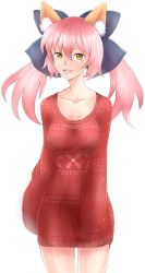 Rule 34 | 10s, 1girl, animal ears, blush, bow, breasts, fate/extra, fate (series), fox ears, full-face blush, hair bow, highres, long sleeves, naked sweater, no bra, pink hair, pltrgst, smile, solo, sweater, tamamo no mae (fate/extra), twintails, yellow eyes