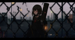 Rule 34 | 1girl, absurdres, aer7o, bird, black hair, black jacket, black sailor collar, black serafuku, black shirt, black skirt, blurry, blurry foreground, chain-link fence, closed mouth, container, damaged, day, depth of field, fence, hair between eyes, hand in pocket, highres, jacket, lamppost, letterboxed, long hair, long sleeves, looking away, open clothes, open jacket, original, outdoors, pleated skirt, red eyes, sailor collar, scenery, school uniform, serafuku, shirt, sidelocks, skirt, solo, trash bag
