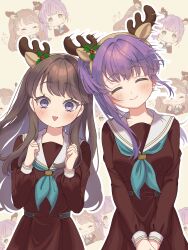 Rule 34 | 2girls, :3, ^ ^, absurdres, animal ear hairband, animal ears, antlers, aqua neckerchief, blank eyes, blush, breasts, brown dress, brown hair, brown hairband, chibi, chibi inset, clenched hands, closed eyes, closed mouth, commentary request, deer ears, dress, fake animal ears, fake antlers, false smile, fujishima megumi, hairband, hands up, hasu no sora school uniform, headbutt, highres, hiyori (20hiyori727), holly, horns, light brown background, link! like! love live!, long hair, long sleeves, looking at viewer, love live!, medium breasts, multiple girls, neckerchief, otomune kozue, outline, pleated dress, purple eyes, purple hair, reindeer antlers, sailor collar, sailor dress, school uniform, side ponytail, sidelocks, smile, speed lines, triangle mouth, two side up, v arms, white outline, white sailor collar, winter uniform