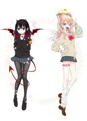 Rule 34 | + +, 1girl, angel, angel and devil, angel wings, black eyes, black footwear, black hair, black pantyhose, black sweater, blonde hair, blue eyes, blush, bow, bowtie, bracelet, brown footwear, brown sweater, bug, butterfly, collar, commentary request, demon, demon girl, demon horns, demon tail, demon wings, ear piercing, fangs, fingernails, full body, glasses, green skirt, gyaru, hair between eyes, hair ribbon, halo, hands on own chest, heart, heart print, highres, horns, insect, jewelry, kawai rou, kogal, looking at viewer, medium hair, multicolored hair, nail polish, open mouth, original, pantyhose, parted lips, pearl bracelet, piercing, pink collar, pink nails, red bow, red horns, red pupils, red tail, red wings, ribbon, scrunchie, simple background, skinny, skirt, spiked thighlet, standing, streaked hair, sweater, tail, teeth, thigh strap, thighlet, thighs, tongue, tongue out, tongue piercing, white background, white pantyhose, wings