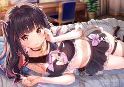 Rule 34 | 1girl, asmr, bare shoulders, black hair, blush, breasts, cleavage cutout, clothing cutout, detached sleeves, fujima takuya, hair ornament, long hair, looking at viewer, lying, midriff, multicolored hair, navel, official art, on side, original, red eyes, ribbon, skirt, small breasts, smile, socks, solo, streaked hair, thigh strap