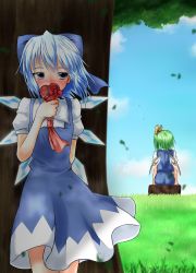 Rule 34 | 2girls, arm behind back, ass, blue dress, blue eyes, blue hair, blush, box, cirno, commentary request, covering own mouth, cowboy shot, daiyousei, day, dress, embarrassed, facing viewer, fairy wings, from behind, full-face blush, grass, green hair, hair ribbon, heart-shaped box, highres, leaf, looking to the side, multiple girls, nogiguchi, outdoors, puffy short sleeves, puffy sleeves, ribbon, short sleeves, side ponytail, sitting, skirt, skirt set, touhou, tree, tree stump, under tree, valentine, wind, wings, yuri
