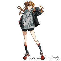 Rule 34 | 1girl, absurdres, blue eyes, fashion, full body, hand in pocket, highres, hood, hoodie, jacket, long hair, looking at viewer, neon genesis evangelion, official art, open clothes, open jacket, rebuild of evangelion, shoes, shorts, simple background, sneakers, socks, solo, souryuu asuka langley, yoneyama mai