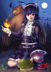 Rule 34 | 1girl, animal ears, annie (league of legends), backpack, bag, black hair, fingernails, fire, goth fashion, highres, league of legends, ricegnat, shoes, short hair, sitting, teemo, thighhighs, tibbers