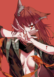 Rule 34 | 1girl, absurdres, animal ear fluff, animal ears, arknights, black jacket, black scarf, blood, blood on hands, breasts, convenient censoring, covering face, crownslayer (arknights), hands up, highres, injury, jacket, mitsuguan, no shirt, one eye covered, open clothes, open jacket, red background, red eyes, red hair, scar, scar on arm, scarf, simple background, small breasts, solo, upper body, wolf ears