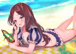 Rule 34 | 1girl, ass, beach, bikini, blue bikini, blurry, blurry background, breasts, brown hair, butt crack, collarbone, commentary request, day, depth of field, fate/grand order, fate (series), forehead, green eyes, holding, innertube, legs up, leonardo da vinci (fate), leonardo da vinci (fate/grand order), leonardo da vinci (rider) (fate), long hair, lying, on stomach, open mouth, outdoors, parted bangs, puff and slash sleeves, puffy short sleeves, puffy sleeves, sand, short sleeves, small breasts, smile, solo, star (symbol), suzuho hotaru, swim ring, swimsuit, thighs, very long hair, water, water gun, wet