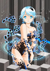 Rule 34 | 1girl, bare shoulders, blue eyes, blue hair, breasts, cleavage, collarbone, cube, digital dissolve, highres, leotard, lips, lipstick, looking at viewer, makeup, matching hair/eyes, nail polish, original, short hair, solo, standing, thighs