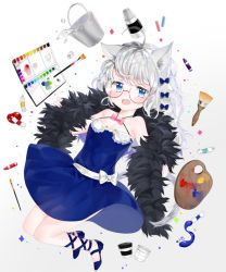 Rule 34 | 1girl, ahoge, bad id, bad twitter id, blue dress, blue eyes, blush, breasts, bucket, commentary request, crayon, dress, fang, legs together, liby (libtnvd), looking at viewer, makeup, open mouth, original, paint tube, palette (object), shawl, short hair, silver hair, simple background, small breasts, smile, solo, white background