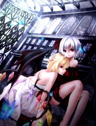 Rule 34 | 2girls, absurdres, alternate costume, backless dress, backless outfit, bare legs, bat wings, blonde hair, bridal garter, bug, butterfly, chin rest, church, collarbone, dress, flandre scarlet, hair ribbon, hand on another&#039;s head, head on chest, head on head, head rest, highres, insect, leaning on person, light rays, looking at viewer, md5 mismatch, multiple girls, nekohashi, parted lips, red dress, red eyes, remilia scarlet, resolution mismatch, ribbon, short hair, siblings, side ponytail, silver hair, sisters, sitting, source larger, strapless, strapless dress, sunbeam, sunlight, touhou, white dress, wings