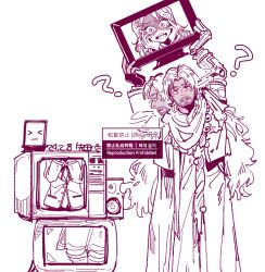 Rule 34 | &gt; &lt;, 1boy, 1girl, :o, ?, arms up, coat, cowboy shot, crt, hand on own cheek, hand on own face, holding television, jacket, lineart, long hair, looking up, mature male, mechanical arms, prosthesis, prosthetic arm, reverse:1999, sakita pani, scared, scarf, shamane, single mechanical arm, television, ttt (reverse:1999), turning head, watermark
