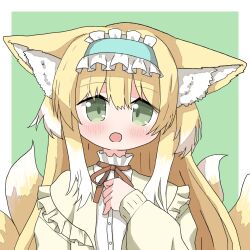 Rule 34 | 1girl, animal ear fluff, animal ears, arknights, blonde hair, blue hairband, blush, border, cardigan, colored tips, commentary request, fox ears, fox girl, fox tail, frilled hairband, frills, green background, green eyes, hair between eyes, hairband, hand up, highres, kitsune, kyuubi, long hair, long sleeves, looking at viewer, mia yorumiya, multicolored hair, multiple tails, neck ribbon, official alternate costume, open mouth, outside border, puffy long sleeves, puffy sleeves, red ribbon, ribbon, shirt, solo, suzuran (arknights), suzuran (spring praise) (arknights), tail, upper body, white border, white hair, white shirt, yellow cardigan