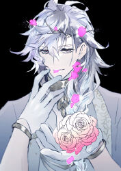 Rule 34 | 1boy, ahoge, black background, bracelet, braid, fate/grand order, fate (series), flower, gloves, head wreath, highres, jewelry, long hair, looking at viewer, male focus, merlin (fate), merlin (overnight dream) (fate), petals, pink flower, pink rose, rose, rose petals, simple background, single braid, solo, upper body, user ccgs5255, very long hair, white gloves, white hair