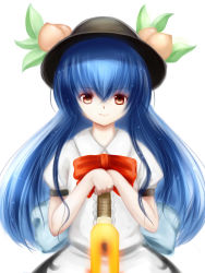 Rule 34 | 1girl, bad id, bad pixiv id, blue hair, female focus, food, fruit, hat, highres, hinanawi tenshi, long hair, looking at viewer, peach, red eyes, simple background, smile, solo, sword of hisou, touhou, upper body, very long hair, x&amp;x&amp;x
