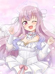 Rule 34 | 1girl, ;d, angel wings, blush, breasts, commentary, dress, halo, highres, indie virtual youtuber, kurumizawa ririka, long hair, long sleeves, looking at viewer, medium breasts, mole, mole on breast, neck tattoo, one eye closed, open mouth, pink background, pink eyes, pink hair, shiraha maru, simple background, smile, solo, tattoo, virtual youtuber, white dress, wings