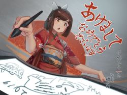 Rule 34 | 1girl, 2019, aircraft, airplane, ao iro, boar, brown eyes, brown hair, chestnut mouth, chinese zodiac, commentary request, drawing tablet, fisheye, floral print, grey background, hair ornament, hairclip, happy new year, highres, i-401 (kancolle), japanese clothes, kantai collection, kimono, new year, ponytail, red kimono, solo, stylus, tan, upper body, year of the pig