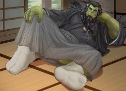 Rule 34 | 110 (ylnzei), 1boy, absurdres, bara, beard, black kimono, braid, braided ponytail, check copyright, colored skin, commission, copyright request, elbow rest, facial hair, green skin, grey hair, hakama, hakama skirt, hand on own knee, highres, japanese clothes, kimono, large feet, large hands, long beard, long hair, lying, male focus, multicolored hair, muscular, muscular male, on back, orc, original, pectorals, pointy ears, skirt, socks, solo, spread legs, streaked hair, tied beard, tusks, upskirt, veins, veiny arms