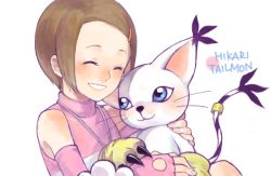 Rule 34 | 00s, 1girl, animal hands, ayame (artist), blouse, blush, brown hair, character name, claws, closed eyes, cuts, digimon, digimon (creature), digimon adventure 02, fingerless gloves, gloves, grin, hair ornament, hairclip, injury, jewelry, necklace, paw gloves, shirt, short hair, simple background, sleeveless, sleeveless shirt, smile, tail, tail ornament, tail ring, tailmon, white background, yagami hikari