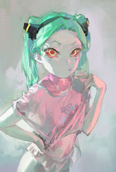 Rule 34 | 1girl, closed mouth, colored sclera, colored skin, cyberpunk (series), cyberpunk edgerunners, dino (dinoartforame), green eyes, green hair, grey skin, hand up, highres, looking at viewer, pink shirt, raised eyebrow, rebecca (cyberpunk), red pupils, red sclera, shirt, short sleeves, sketch, solo, twintails
