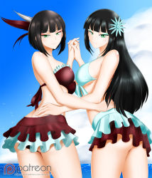 Rule 34 | 2girls, ass, black hair, breasts, cowboy shot, eyeshadow, front-tie top, green eyes, groin, holding hands, hand on another&#039;s hip, highres, kimmy77, large breasts, legs, long hair, looking at viewer, makeup, melanie malachite, miltiades malachite, multiple girls, ocean, patreon logo, rwby, short hair, siblings, sisters, swimsuit, swimsuit skirt, thighs, twins, underboob, water, watermark, web address