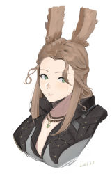 Rule 34 | 1girl, animal ears, warrior of light (ff14), blush, breasts, brown hair, closed mouth, final fantasy, final fantasy xiv, green eyes, highres, jacket, jewelry, la13, lips, long hair, looking at viewer, mole, mole under mouth, necklace, out of frame, solo focus, viera, white background
