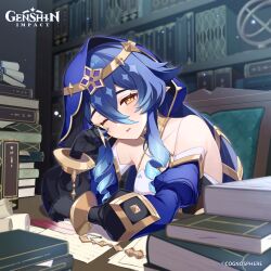 Rule 34 | 1girl, bare shoulders, black gloves, black skirt, blue hair, blue hood, blush, book, breasts, bright pupils, brown eyes, claw ring, detached sleeves, drill hair, drill sidelocks, genshin impact, gloves, hair between eyes, highres, hood, jewelry, layla (genshin impact), long hair, long sleeves, medium breasts, official art, one eye closed, open mouth, pointy ears, puffy sleeves, sidelocks, skirt, sleepy, solo, very long hair, white pupils, yamabukiiro, yellow eyes