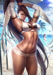 Rule 34 | 2girls, absurdly long hair, absurdres, arched back, armpits, asymmetrical bangs, beach, bikini, black bikini, braid, breasts, brown eyes, brown hair, day, detached sleeves, dungeon and fighter, female grappler (dungeon and fighter), fighter (dungeon and fighter), flute (artist), high ponytail, highres, large breasts, layered bikini, lips, long hair, multiple braids, multiple girls, navel, outdoors, parted lips, solo focus, standing, stomach, storm queen (dungeon and fighter), swimsuit, thighs, tying hair, ultimate diva (dungeon and fighter), very long hair, wet, white bikini