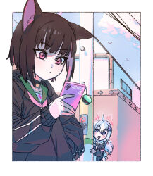 Rule 34 | 2girls, ahoge, animal ears, black choker, black hair, black jacket, black neckerchief, blue archive, blue hair, blunt bangs, cat ears, cellphone, choker, closed mouth, colored inner hair, hair ornament, highres, holding, holding phone, hood, hooded jacket, jacket, kazusa (blue archive), light blue hair, long sleeves, multicolored hair, multiple girls, neckerchief, open mouth, pararilla, phone, pink eyes, pink hair, pleated skirt, purple eyes, reisa (blue archive), sailor collar, short hair, skirt, smartphone, smile, star (symbol), star hair ornament, twintails, two-tone hair, upper body