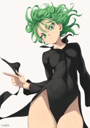 Rule 34 | 1girl, absurdres, black dress, blush, breasts, covered navel, curly hair, dress, flipped hair, floating, floating clothes, green eyes, green hair, highres, long sleeves, looking at viewer, medium hair, no panties, one-punch man, petite, side slit, simple background, small breasts, solo, stayaliveplz, tatsumaki, thighs, white background