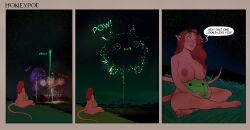 Rule 34 | ass, barefoot, breasts, cherry-gig, collarbone, colored skin, completely nude, demon, demon girl, demon horns, demon tail, english text, fireworks, grass, green skin, highres, horns, huge breasts, indian style, long hair, night, nipples, nude, original, outdoors, pointy ears, red hair, red skin, sitting, sky, speech bubble, star (sky), starry sky, succy (cherry-gig), tail