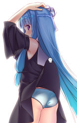 Rule 34 | 1girl, armpits, arms up, ass, black dress, black sleeves, blue hair, blue panties, clothes lift, cursor, detached sleeves, dress, dress lift, from behind, hand cursor, hands on own head, kotonoha aoi, lifting another&#039;s clothes, long hair, looking back, panties, pink eyes, ribbon, simple background, solo, thighs, underwear, usume shirou, very long hair, voiceroid, white background