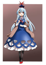 Rule 34 | 1girl, :d, abe ranzu, black pantyhose, blue dress, blue hair, breasts, brown background, clenched hands, collarbone, dress, full body, hat, kamishirasawa keine, long hair, long sleeves, looking away, medium breasts, multicolored hair, open mouth, pantyhose, petticoat, red eyes, red footwear, scarf, shoes, smile, solo, standing, touhou, two-tone hair, very long hair