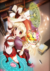 Rule 34 | 1girl, absurdres, anonimasu, bad id, bad pixiv id, blonde hair, blush, book, bookshelf, breasts, cape, chain, female focus, full body, hat, highres, indoors, library, long hair, magic, magic circle, medium breasts, open mouth, red eyes, school uniform, solo, wand, witch hat, wristband