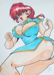 Rule 34 | 1990s (style), 1girl, ass, blue eyes, blush, breasts, china dress, chinese clothes, cleavage, cleavage cutout, clothing cutout, covered erect nipples, dress, eyeliner, highres, large breasts, makeup, nipples, panties, ranma 1/2, red hair, retro artstyle, saotome ranma, thick thighs, thighs, underwear