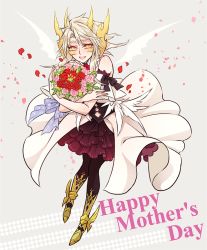Rule 34 | 1girl, black skirt, blush, boots, bouquet, drag-on dragoon, drag-on dragoon 3, flower, gender request, genderswap, horns, mikhail (drag-on dragoon), mother&#039;s day, open mouth, pantyhose, personification, shinzui (fantasysky7), skirt, smile, solo, white hair, yellow eyes