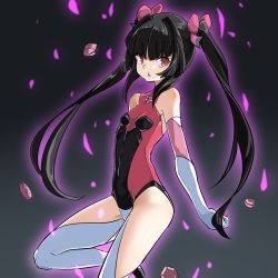 Rule 34 | 1girl, 310-6, black hair, blunt bangs, breasts, check commentary, commentary, commentary request, elbow gloves, gloves, hair ribbon, leg up, leotard, long hair, looking at viewer, magical girl, open mouth, pink eyes, pink gloves, pink leotard, pink ribbon, ribbon, senki zesshou symphogear, sleeveless, small breasts, solo, standing, standing on one leg, thighhighs, tsukuyomi shirabe, twintails, white thighhighs