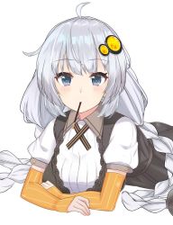 Rule 34 | 1girl, ahoge, black dress, blue eyes, blush, braid, breasts, detached sleeves, dress, food, hair ornament, kizuna akari, large breasts, long hair, looking at viewer, lying, makai penguin, mouth hold, on stomach, orange sleeves, pocky, sidelocks, silver hair, simple background, solo, striped sleeves, twin braids, very long hair, vocaloid, voiceroid, white background