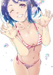 Rule 34 | 1girl, :d, bare arms, bikini, blue hair, blush, breasts, cleavage, collarbone, front-tie bikini top, front-tie top, grin, hands up, highres, kntrs (knyrs), looking at viewer, love live!, love live! sunshine!!, matsuura kanan, medium breasts, navel, one eye closed, open mouth, paw pose, purple eyes, side-tie bikini bottom, simple background, smile, solo, striped bikini, striped clothes, swimsuit, water drop, wet, wet hair, white background, | |