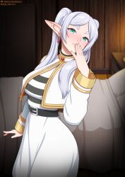 Rule 34 | 1girl, belt, black belt, blush, door, earrings, frieren, green eyes, grey hair, hand up, jacket, jewelry, long hair, long sleeves, neocoill, open clothes, open jacket, pillow, pointy ears, shirt, skirt, smile, solo, sousou no frieren, striped clothes, striped shirt, twintails, watermark, web address, white jacket, white skirt