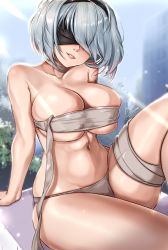 Rule 34 | 1girl, arm support, bandeau, breasts, bursting breasts, grey hair, highres, large breasts, legs, lips, lipstick, looking at viewer, makeup, navel, nier (series), nier:automata, noxcuro, panties, seductive smile, short hair, sitting, smile, solo, thick thighs, thighs, toned, underwear, 2b (nier:automata)