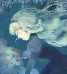 Rule 34 | 1girl, blonde hair, blue background, blush, braid, breasts, copyright name, dress, closed eyes, flower, hairband, long hair, rose, shirley fennes, snowflakes, tales of (series), tales of legendia, tears