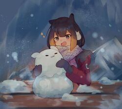 Rule 34 | 1girl, black hair, blunt bangs, character snowman, earmuffs, elun (elun 00), fang, gloves, gradient hair, highres, hololive, hololive english, jacket, long hair, mole, mole under eye, mountain, multicolored hair, ninomae ina&#039;nis, open mouth, orange hair, outdoors, picnic table, purple eyes, purple gloves, red jacket, scarf, sidelocks, simple background, smile, snowing, solo, sparkle, table, two-sided fabric, two-sided jacket, virtual youtuber, white scarf, winter clothes