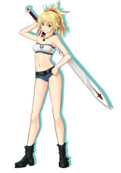Rule 34 | 1girl, aqua eyes, bandeau, belt, black belt, black footwear, blonde hair, blue shorts, breasts, cleavage, closed mouth, collarbone, denim, denim shorts, fate/apocrypha, fate (series), full body, hair ornament, hair scrunchie, hand on own hip, holding, holding sword, holding weapon, jewelry, long hair, looking at viewer, micro shorts, mordred (fate), mordred (fate/apocrypha), mordred (memories at trifas) (fate), necklace, ponytail, red scrunchie, scrunchie, shorts, simple background, small breasts, solo, standing, strapless, sword, tachi-e, tube top, weapon, white background, white bandeau, yustinos