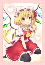 Rule 34 | 1girl, :d, absurdres, animal ears, arm between legs, ascot, bat wings, bell, black choker, black pantyhose, blonde hair, blush, border, breasts, cat ears, cat tail, choker, collarbone, commentary, crystal, eyelashes, fang, flandre scarlet, frilled cuffs, full body, hair between eyes, hair ribbon, hat, heart, highres, kemonomimi mode, looking at viewer, mob cap, neck bell, no shoes, open mouth, pantyhose, paw pose, picture frame, puffy short sleeves, puffy sleeves, red eyes, red ribbon, red skirt, red vest, red wrist cuffs, ribbon, ruhika, short hair, short sleeves, simple background, sitting, skirt, skirt set, small breasts, smile, solo, striped, striped background, tail, touhou, vest, wariza, wings, wrist cuffs, yellow ascot, yellow tail