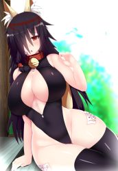 Rule 34 | 1girl, animal ears, bell, black hair, black one-piece swimsuit, black thighhighs, breasts, chestnut mouth, cleavage, cleavage cutout, clothing cutout, collar, covered navel, curvy, female focus, fox ears, fox tail, front zipper swimsuit, groin, hair over one eye, highleg, highleg swimsuit, kuchinashi (souma), large breasts, long hair, looking at viewer, meme attire, neck bell, one-piece swimsuit, open door, open mouth, original, red eyes, sitting, solo, souma (ordures), swimsuit, tail, tatami, thick thighs, thighhighs, thighs, unzipped, very long hair, wide hips, zipper