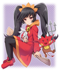 Rule 34 | 1girl, ashley (warioware), black hair, black pantyhose, breasts, brooch, broom, broom riding, commentary, demon, dress, hairband, holding, holding stuffed toy, jewelry, long hair, long sleeves, looking at viewer, mizinkoex, nintendo, orange hairband, pantyhose, red (warioware), red dress, red eyes, red footwear, shoes, sitting, skull, stuffed animal, stuffed rabbit, stuffed toy, twintails, very long hair, warioware, witch